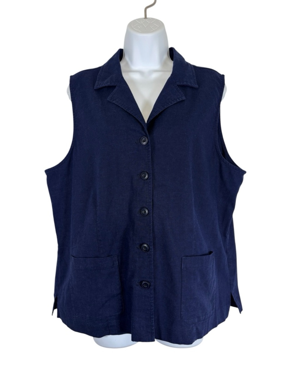 The Tog Shop ClassicNavy Sleeveless Button Front Vest Top XL Linen Blend Pockets